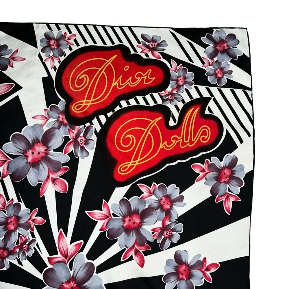 AUTH VTG Christian Dior Dolls Logo Floral Print Silk Large Square Scarf Top